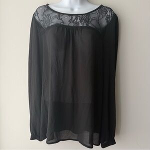 LOFT Black Sheer Lace Yoke Long Sleeve Blouse Top XL Dark Academia Romance